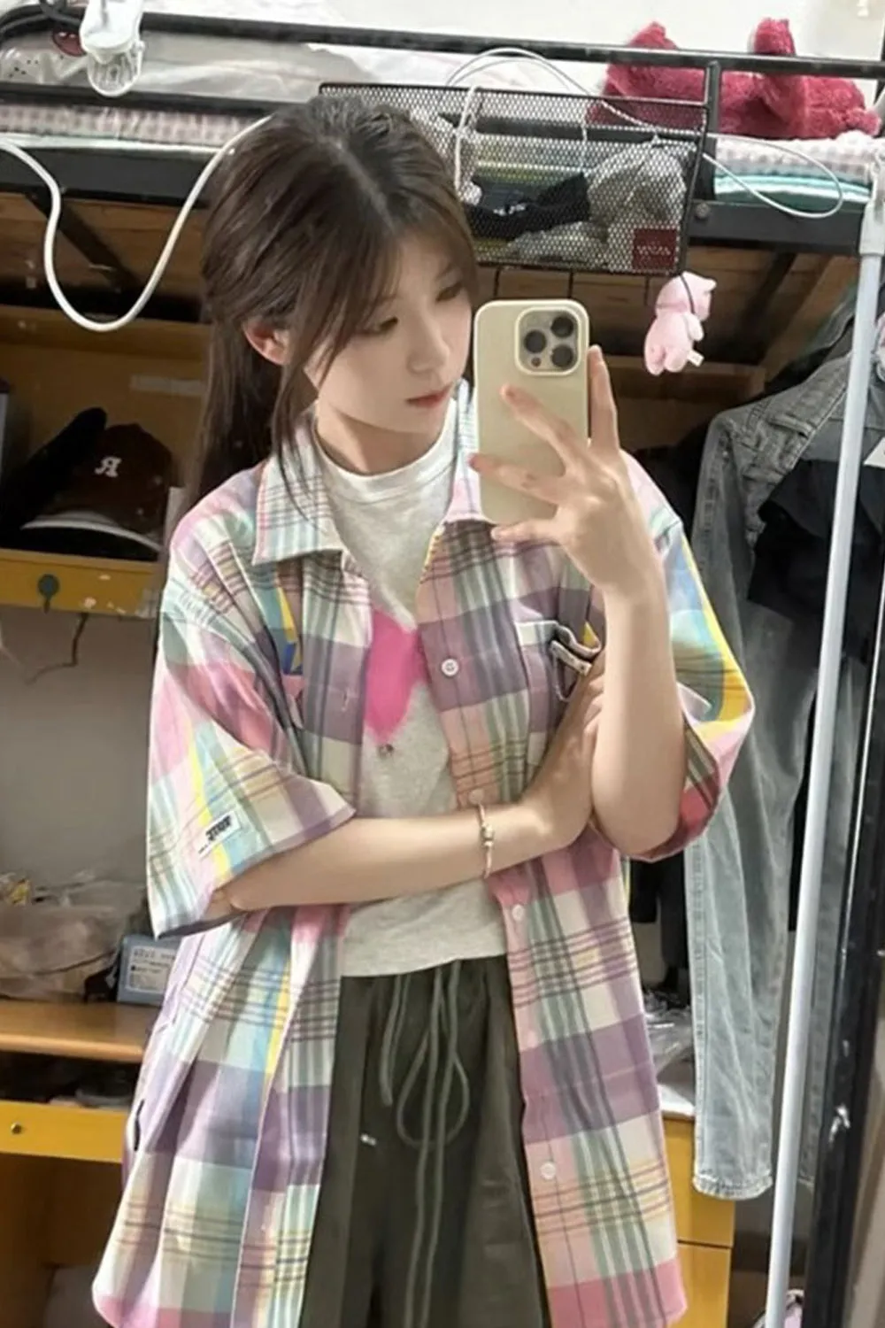 Short Sleeve Pastel Colors Plaid Shirt