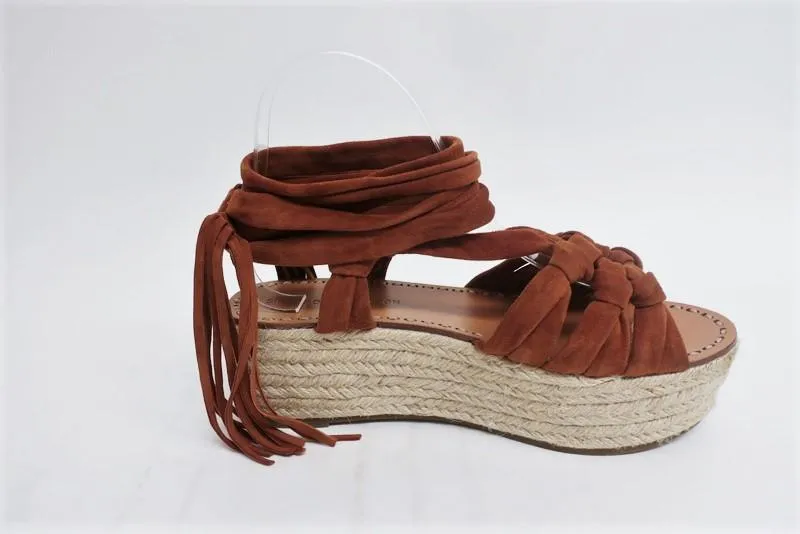 Sigerson Morrison Espadrille Sandals Cosie Brown Suede Size 7.5 Ankle Wrap Wedge