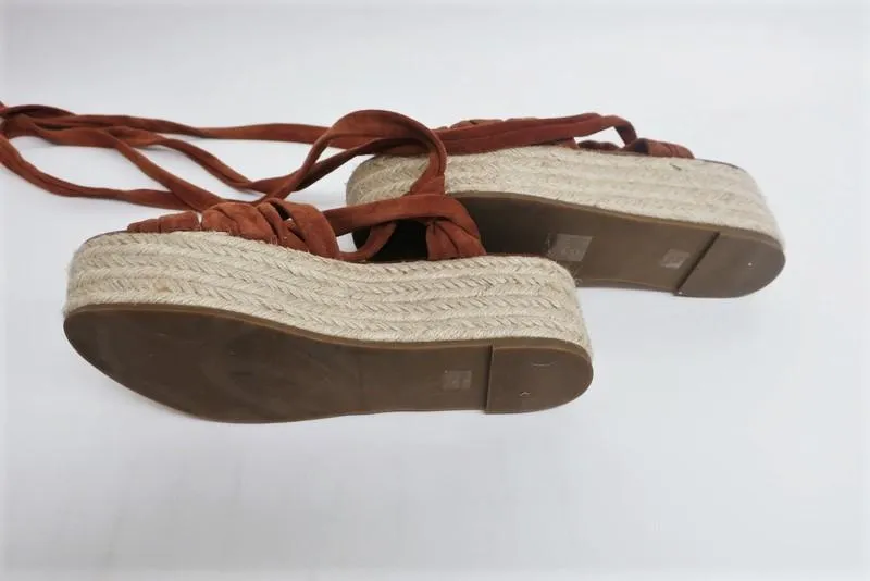 Sigerson Morrison Espadrille Sandals Cosie Brown Suede Size 7.5 Ankle Wrap Wedge