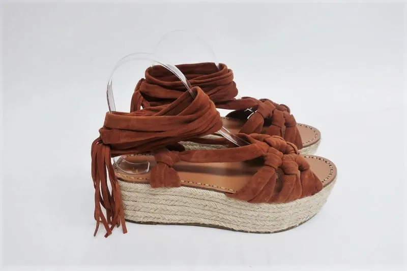 Sigerson Morrison Espadrille Sandals Cosie Brown Suede Size 7.5 Ankle Wrap Wedge