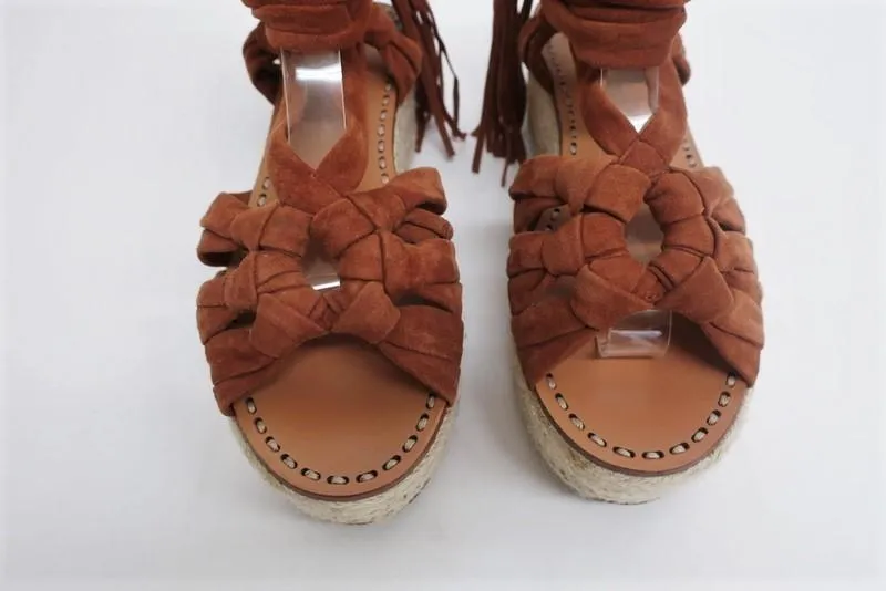 Sigerson Morrison Espadrille Sandals Cosie Brown Suede Size 7.5 Ankle Wrap Wedge