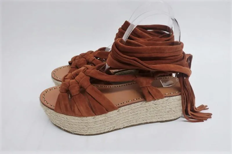 Sigerson Morrison Espadrille Sandals Cosie Brown Suede Size 7.5 Ankle Wrap Wedge