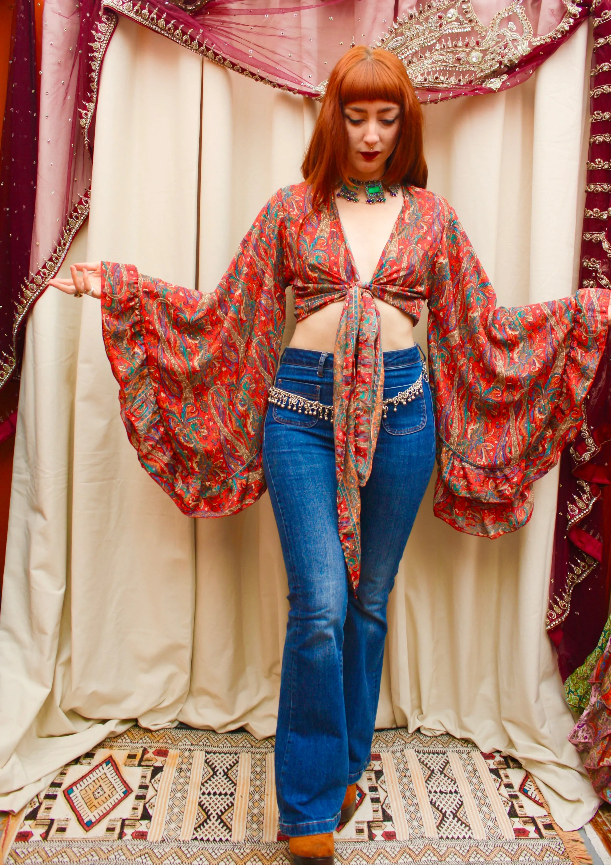Silk Flared Sleeve Butterfly Blouse