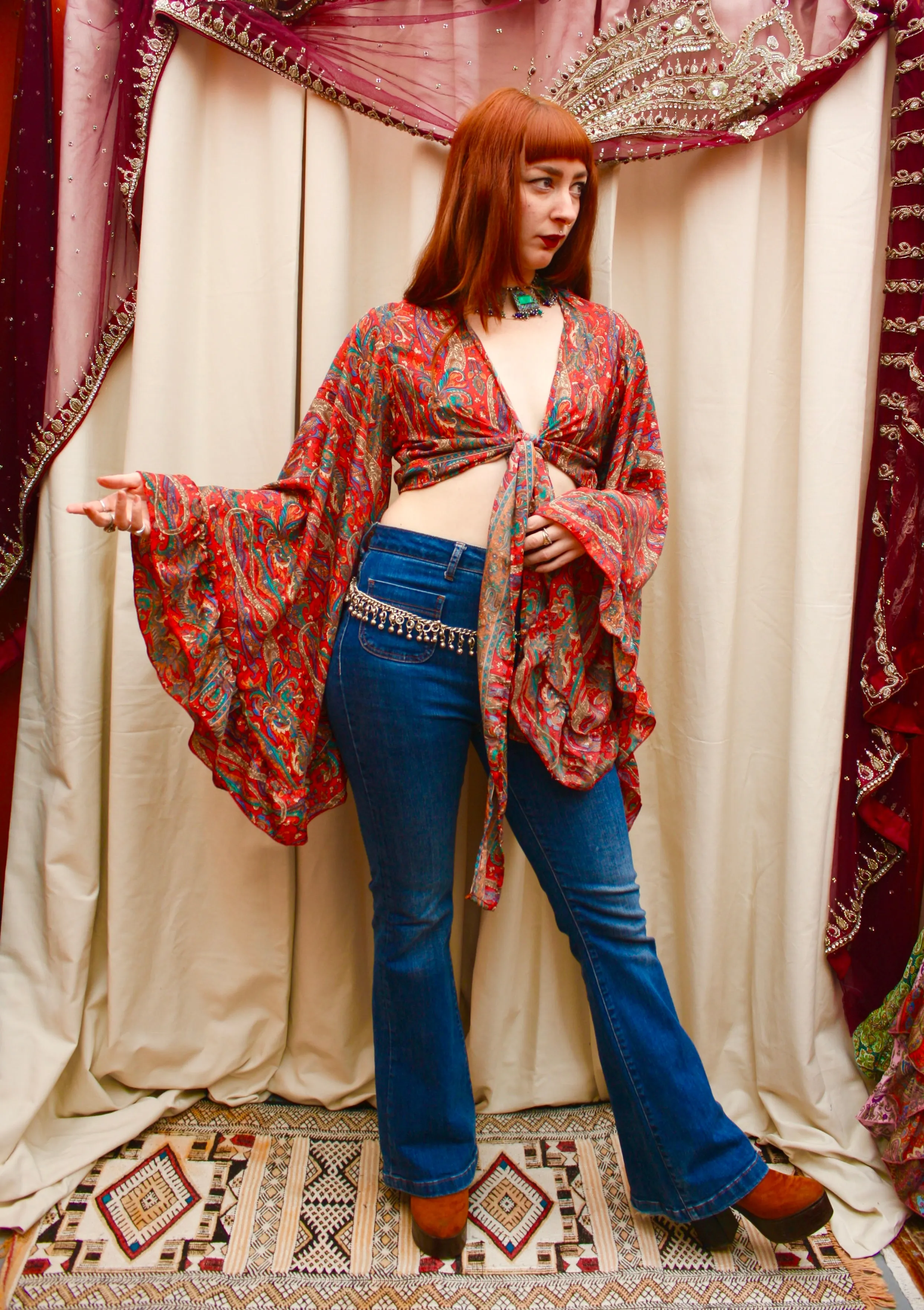 Silk Flared Sleeve Butterfly Blouse