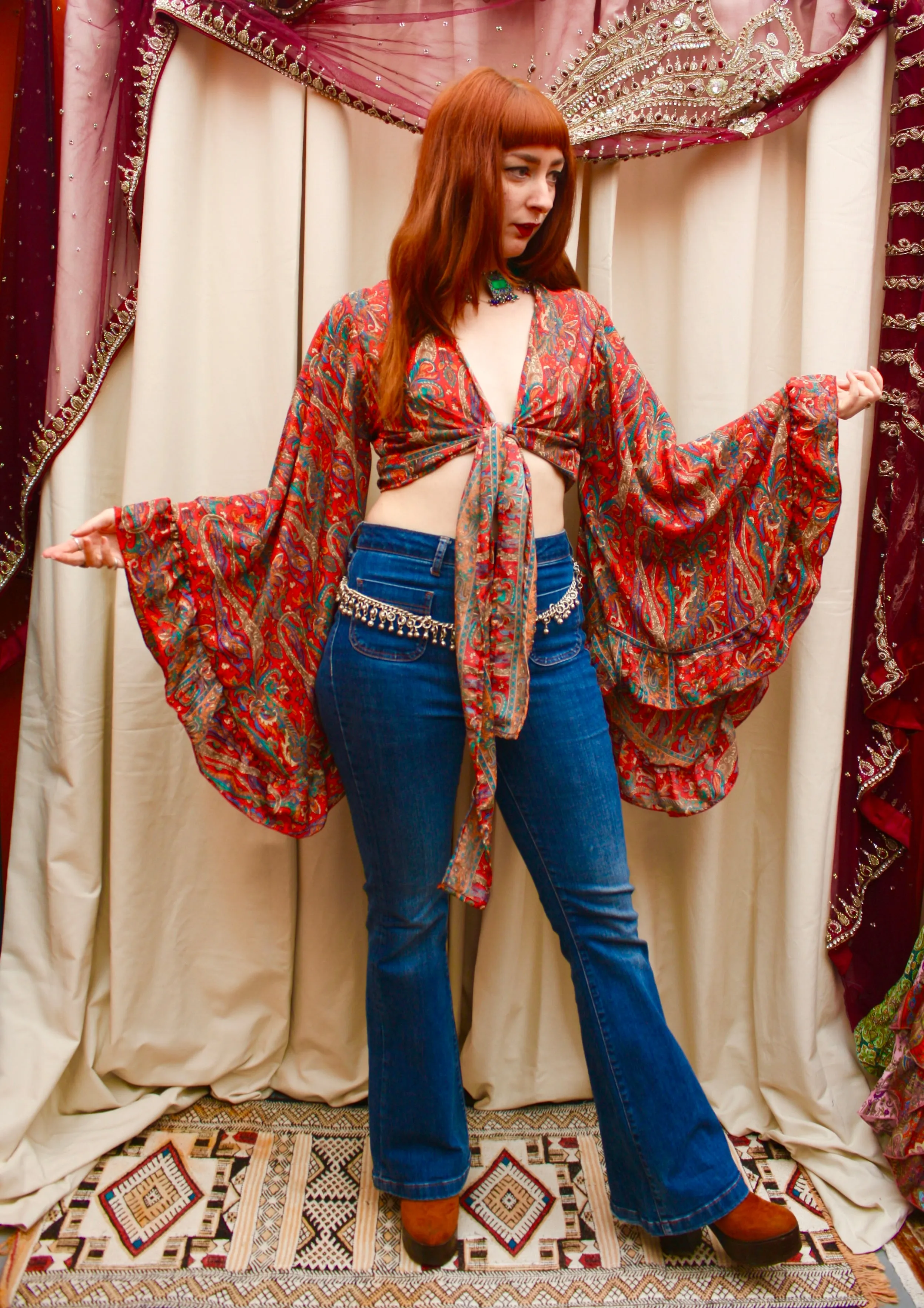 Silk Flared Sleeve Butterfly Blouse