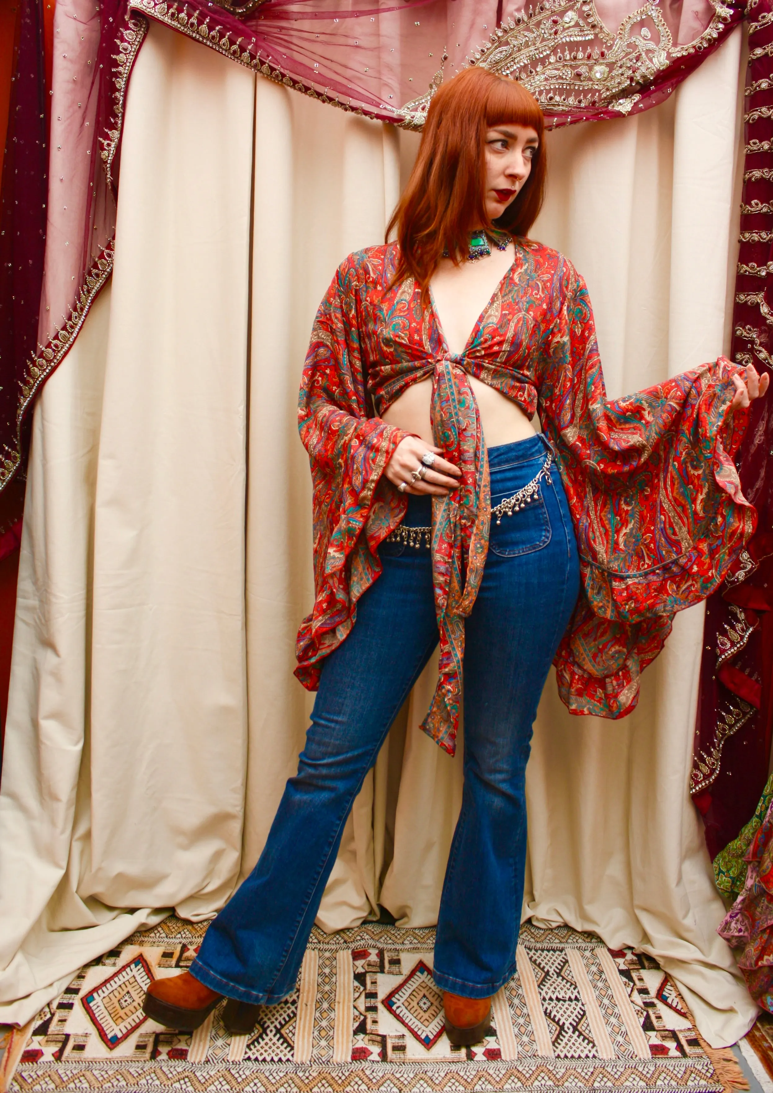 Silk Flared Sleeve Butterfly Blouse