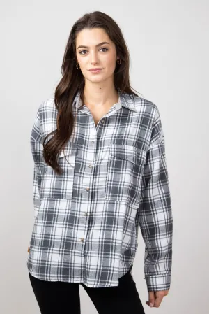 Simply Southern Plaid Button Up Shirt for Women in Grey | PP-0224-SHKT-PLD-GRY