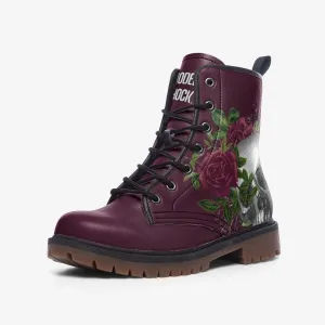Skull & Roses Burgundy Vegan Leather Unisex Boots