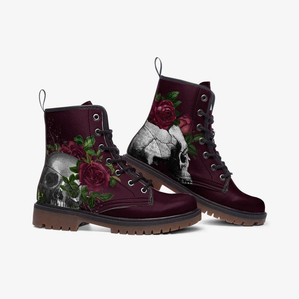 Skull & Roses Burgundy Vegan Leather Unisex Boots