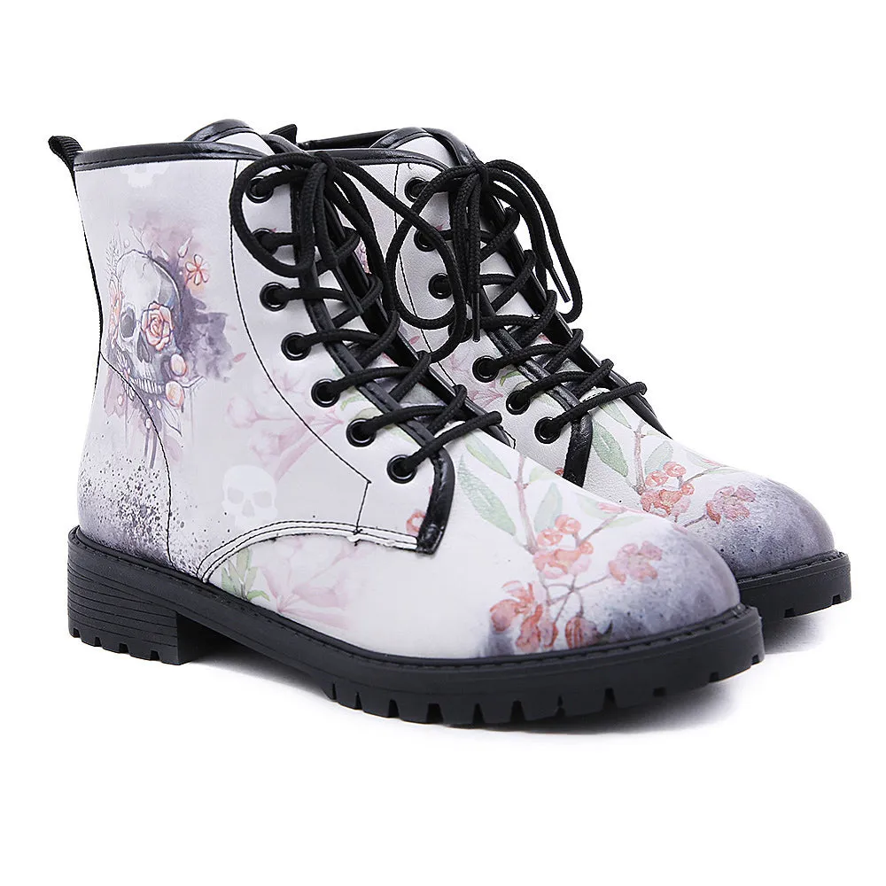 Skull-Floral Ankle Flat Combat Boots - White
