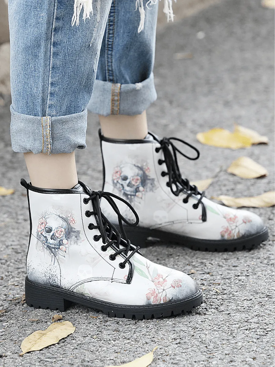 Skull-Floral Ankle Flat Combat Boots - White