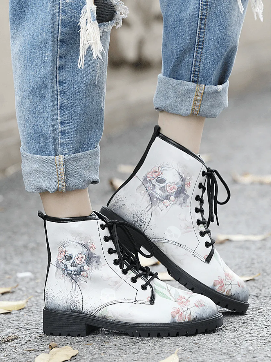 Skull-Floral Ankle Flat Combat Boots - White
