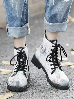 Skull-Floral Ankle Flat Combat Boots - White