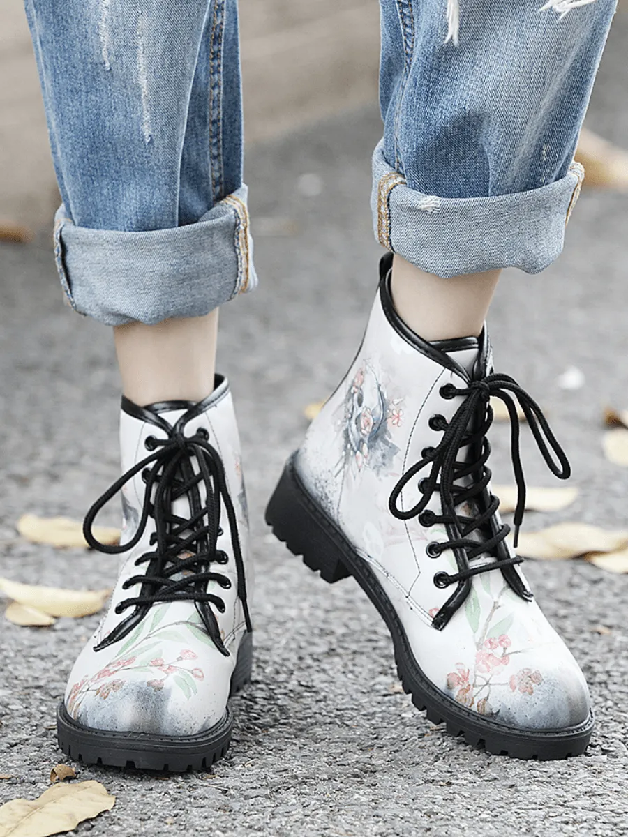 Skull-Floral Ankle Flat Combat Boots - White