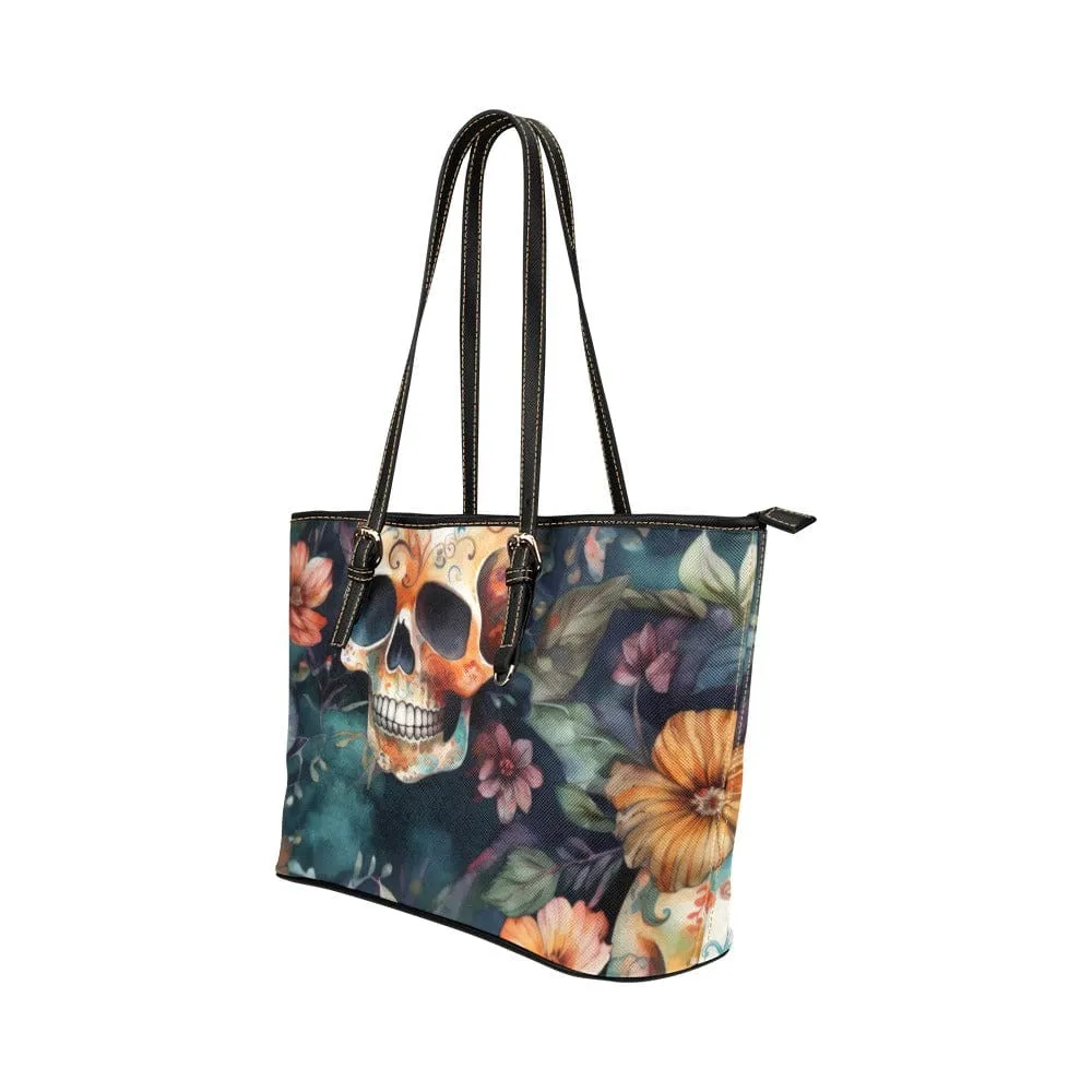 Skull Floral Brown Small Leather Tote Bag