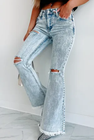 Sky Blue Distressed Acid Wash Flare Jeans