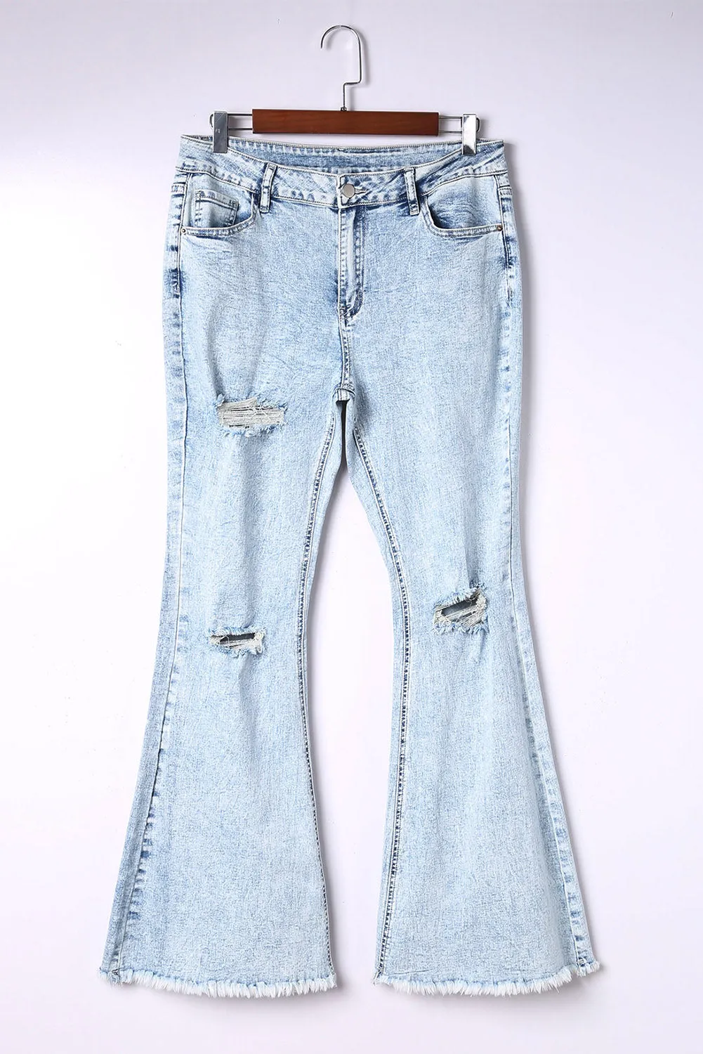Sky Blue Distressed Acid Wash Flare Jeans