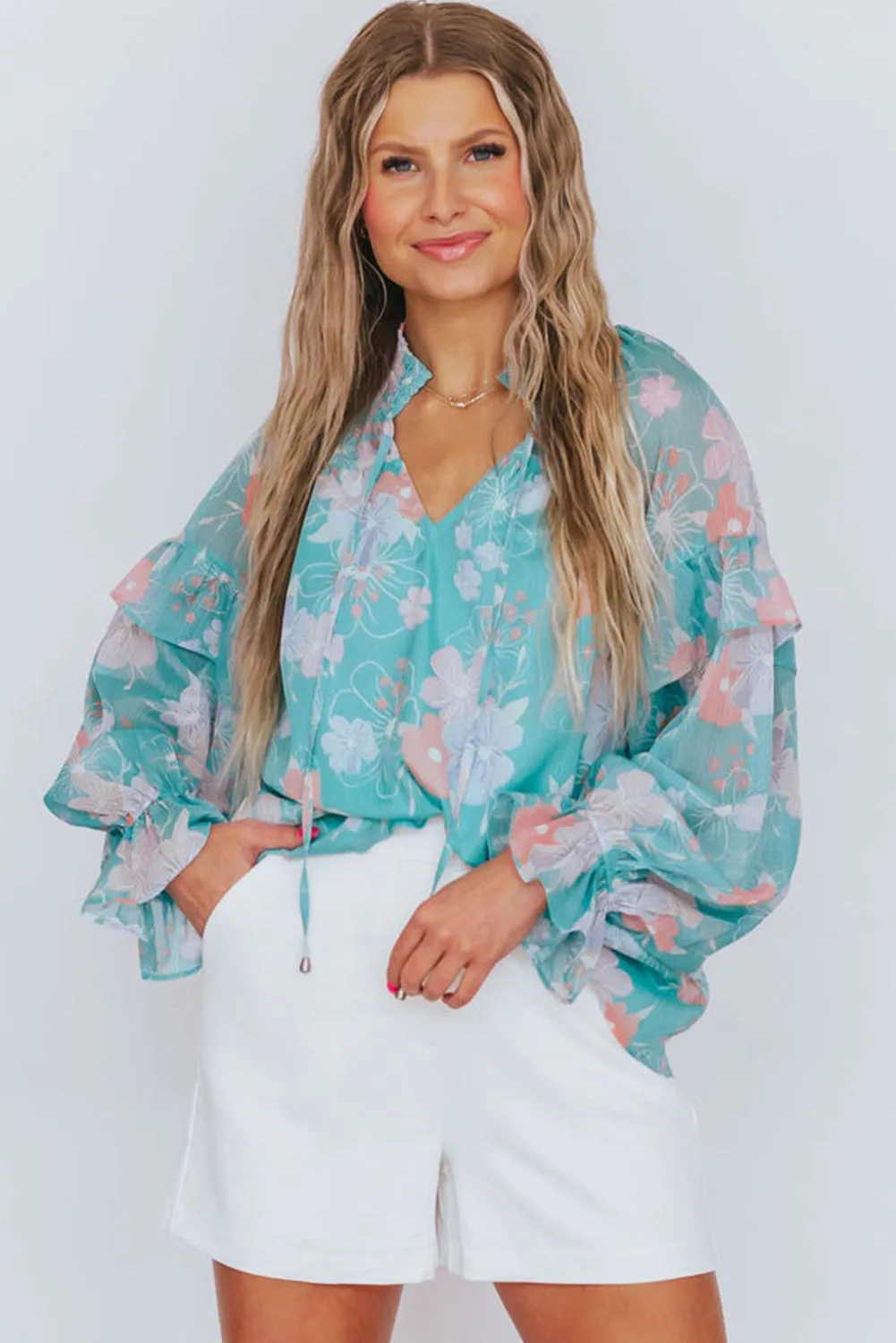 Sky Blue Floral Split Neck Ruffled Puff Sleeve Blouse