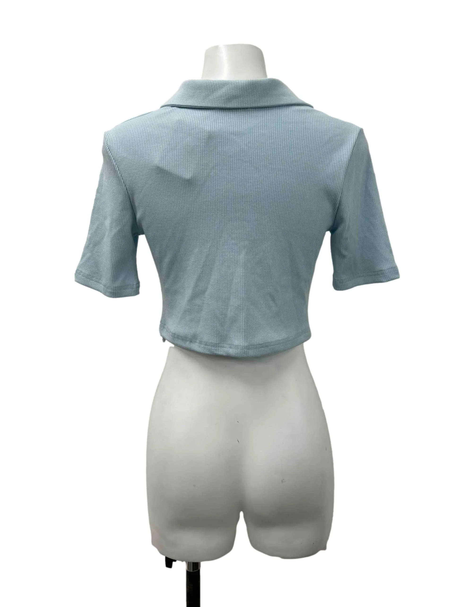 Sky Blue Ribbed Collared Top