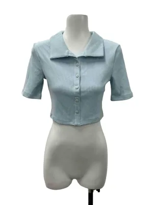 Sky Blue Ribbed Collared Top