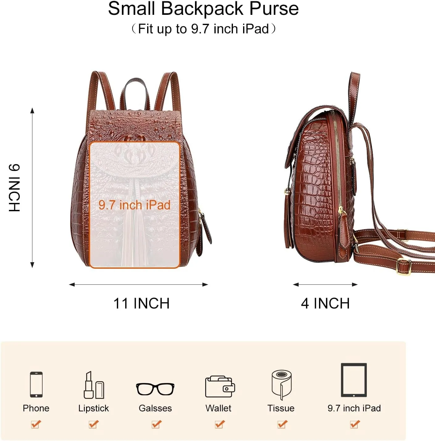 Small Crocodile Leather Backpacks Purse for Women Casual Backpack Fashion Bag