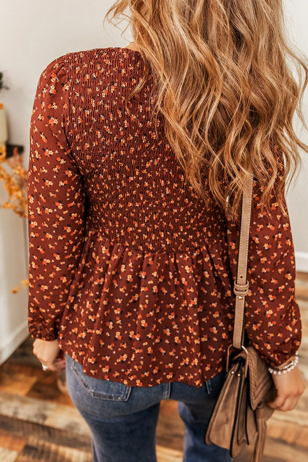 Smocked Bust Ruffled Peplum Blouse