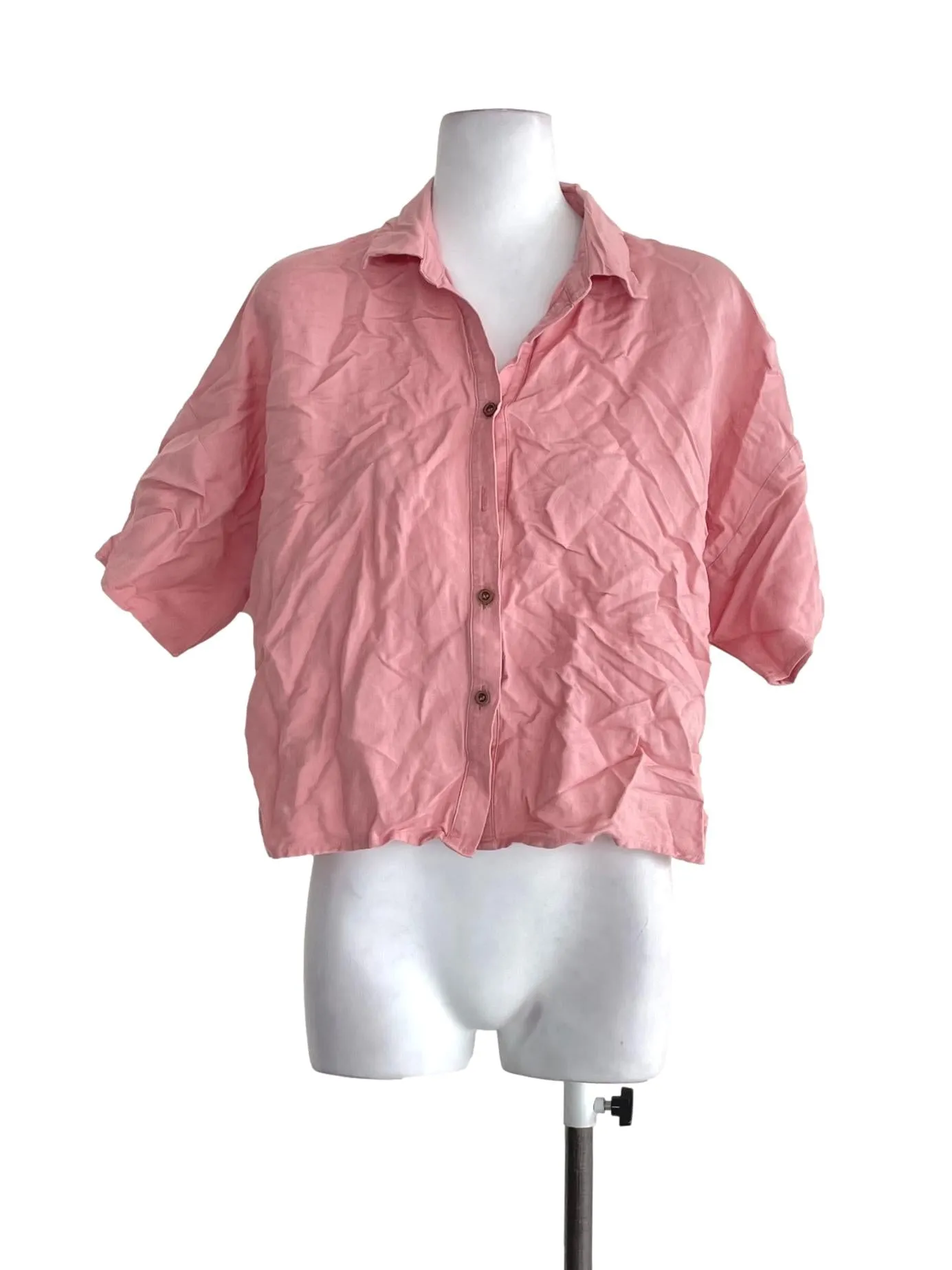 Soft Pink Button Up Cuban Collar Loose Shirt OSN