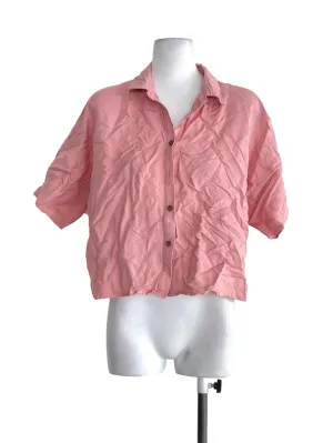 Soft Pink Button Up Cuban Collar Loose Shirt OSN
