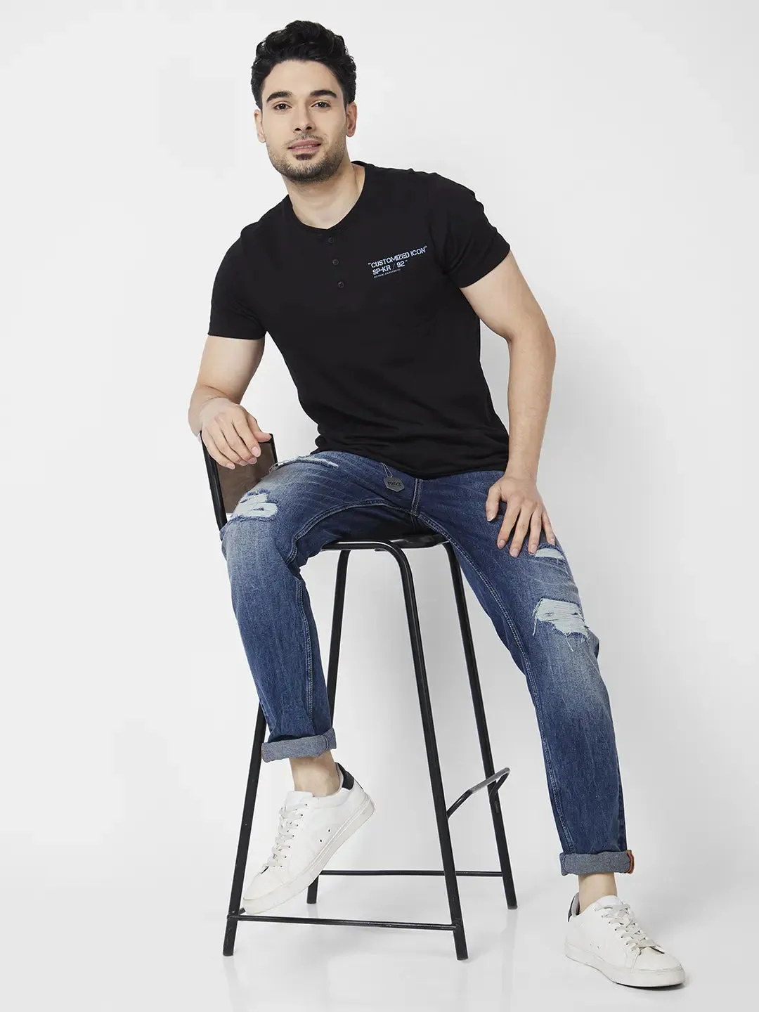 Spykar Men Mid Blue Cotton Stretch Comfort Fit Straight Length Heavy Distressed Low Rise Jeans (Ricardo)