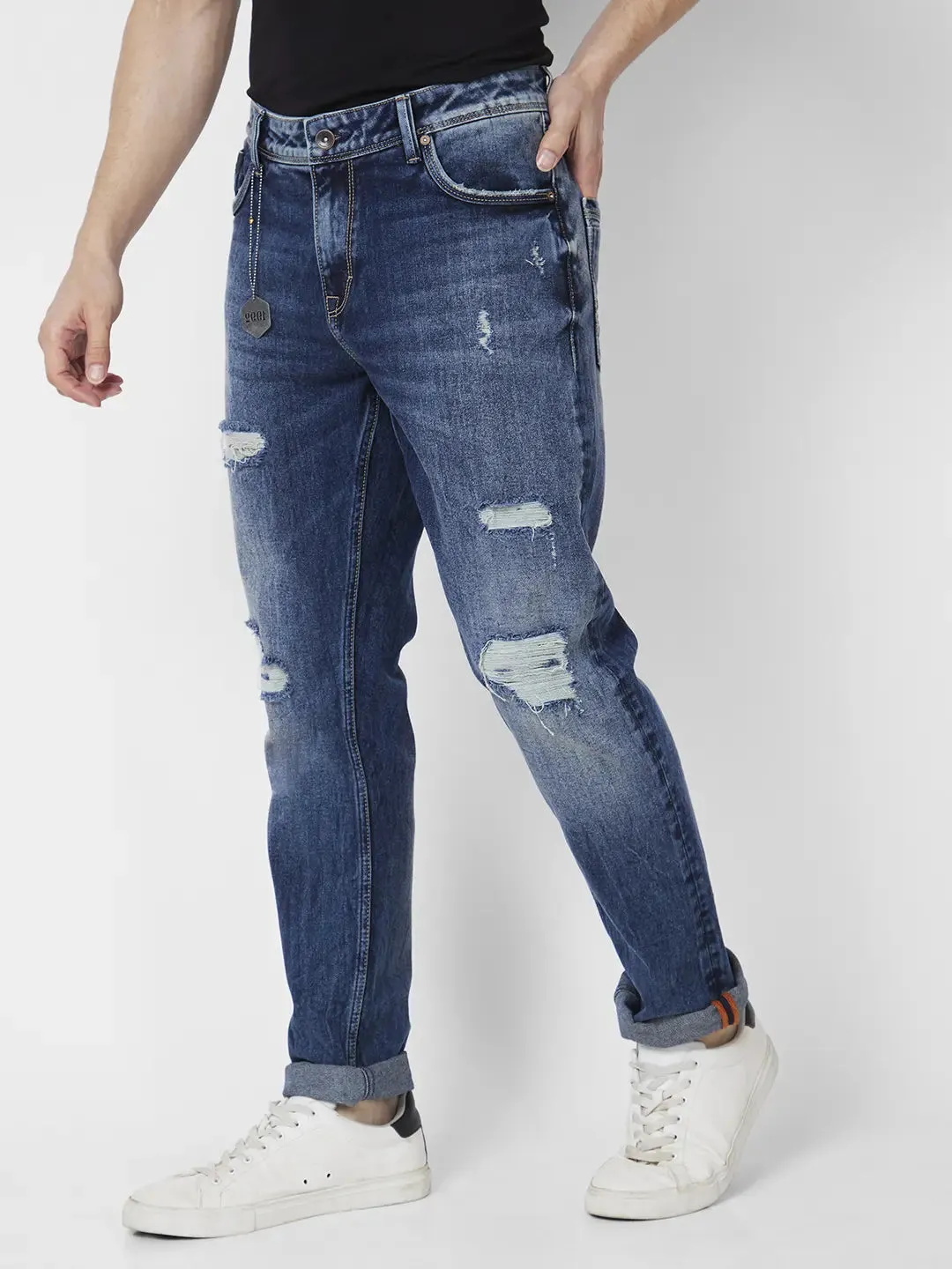 Spykar Men Mid Blue Cotton Stretch Comfort Fit Straight Length Heavy Distressed Low Rise Jeans (Ricardo)
