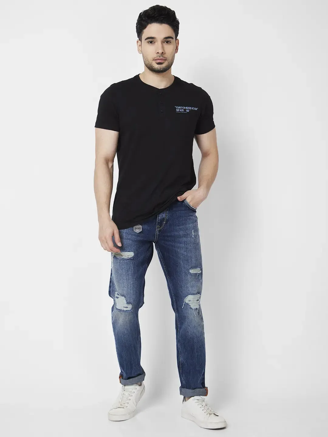 Spykar Men Mid Blue Cotton Stretch Comfort Fit Straight Length Heavy Distressed Low Rise Jeans (Ricardo)