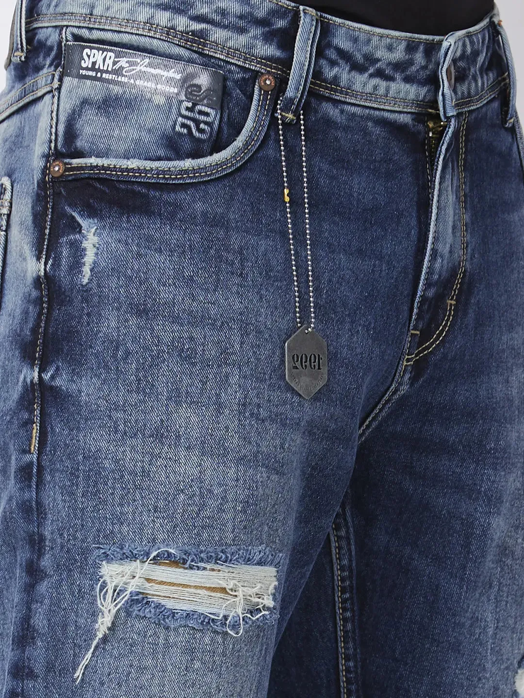 Spykar Men Mid Blue Cotton Stretch Comfort Fit Straight Length Heavy Distressed Low Rise Jeans (Ricardo)