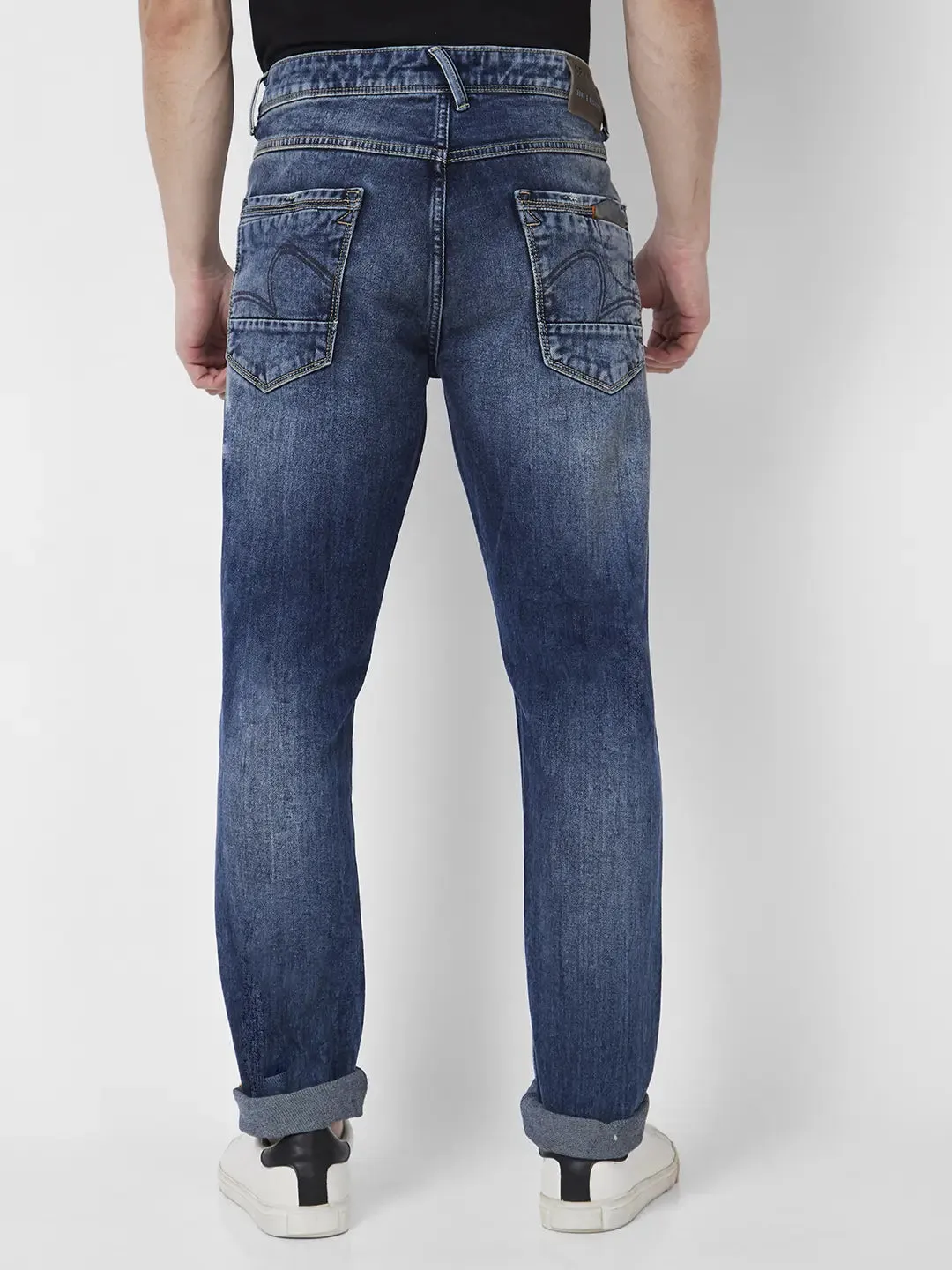 Spykar Men Mid Blue Cotton Stretch Comfort Fit Straight Length Heavy Distressed Low Rise Jeans (Ricardo)