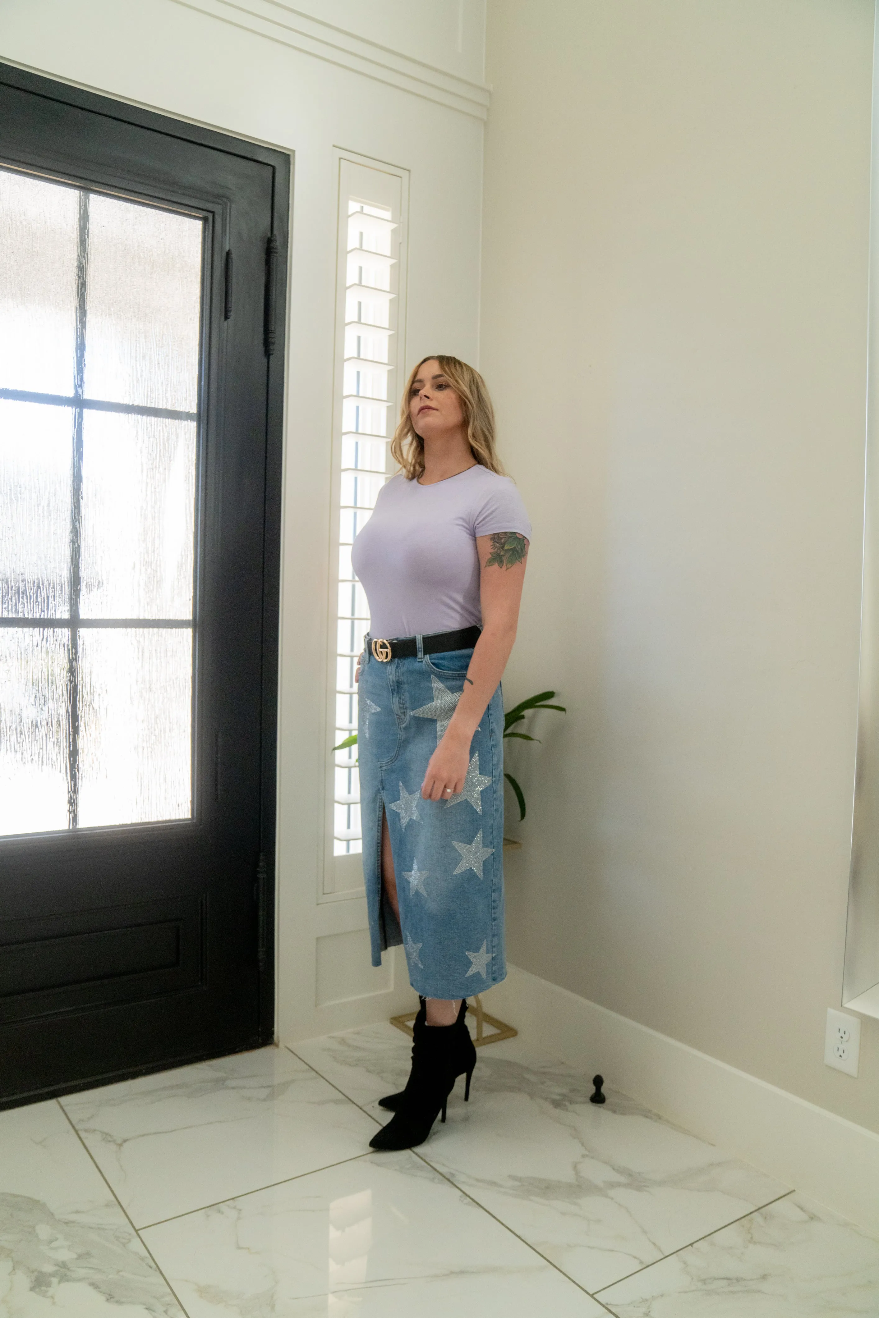 Stars Born Rhinestone Denim Column Skirt Vibrant M.i.u