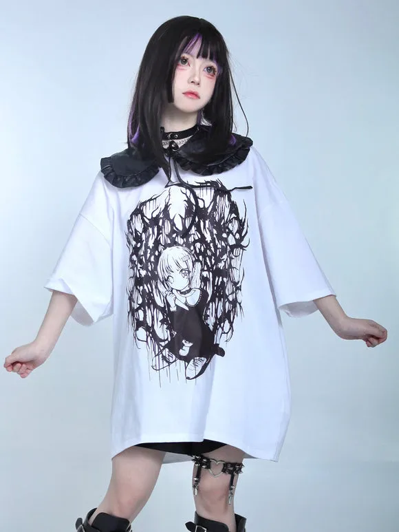 Steampunk Lolita Blouses Ruffles Lolita Top Short Sleeves Floral Print Black Lolita Shirt
