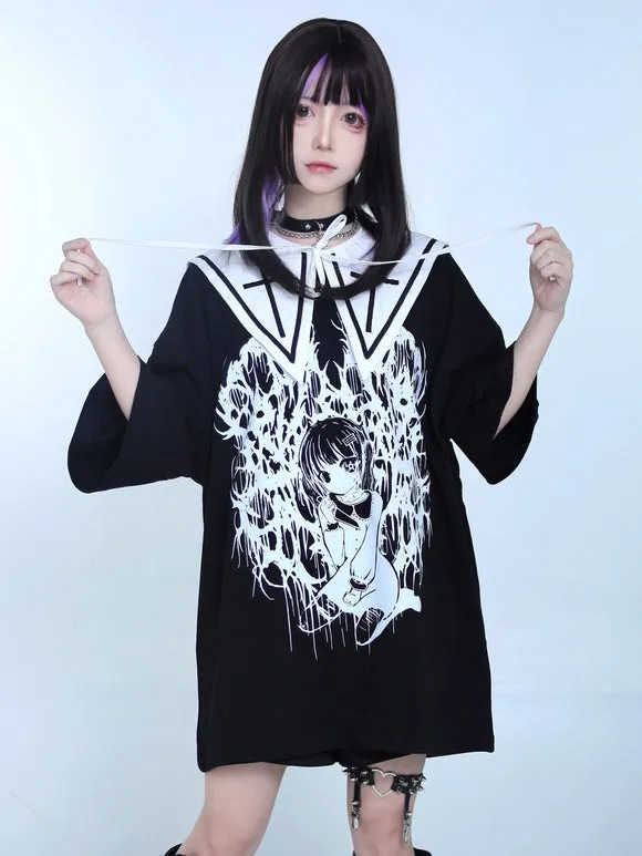Steampunk Lolita Blouses Ruffles Lolita Top Short Sleeves Floral Print Black Lolita Shirt