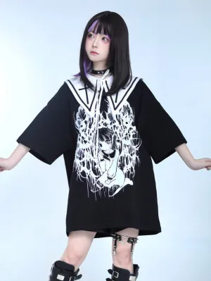 Steampunk Lolita Blouses Ruffles Lolita Top Short Sleeves Floral Print Black Lolita Shirt