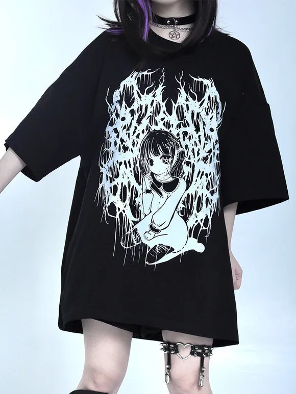 Steampunk Lolita Blouses Ruffles Lolita Top Short Sleeves Floral Print Black Lolita Shirt