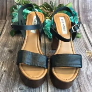 STEVE MADDEN Laurisa Black Leather Wood Platform Sandals 9M