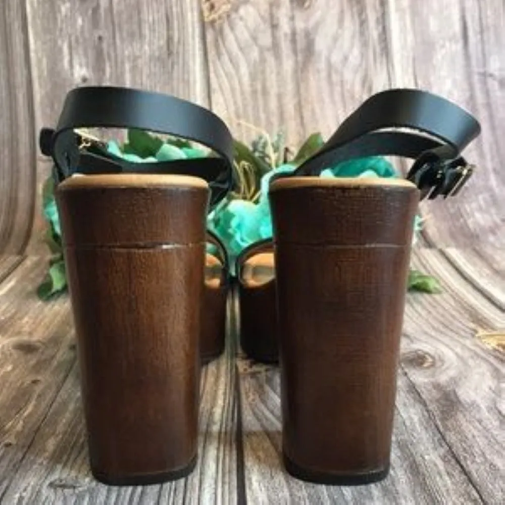 STEVE MADDEN Laurisa Black Leather Wood Platform Sandals 9M
