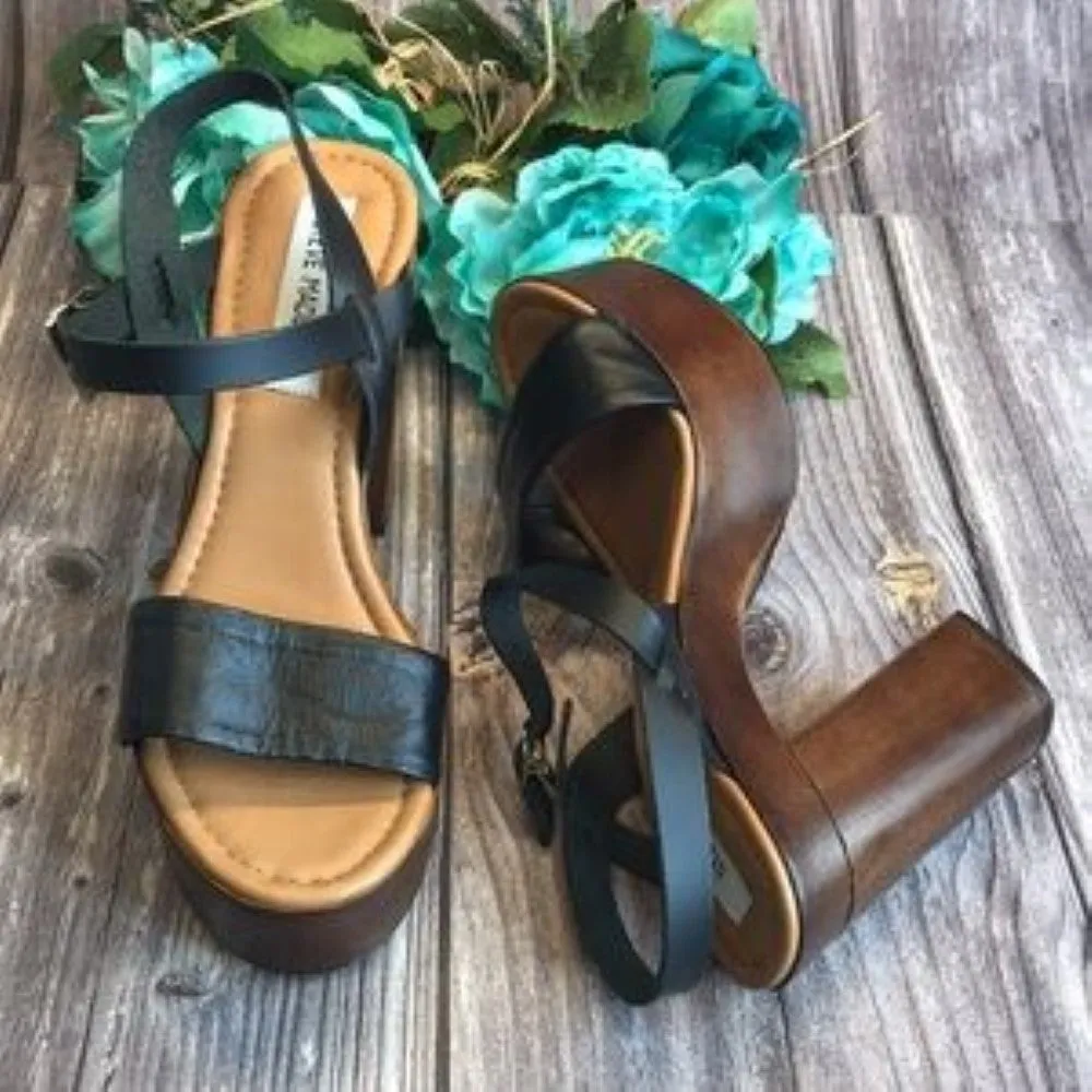 STEVE MADDEN Laurisa Black Leather Wood Platform Sandals 9M