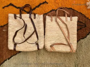Straw Beach bag with leather strap - Straw backpack - Hipster backpack -backpack