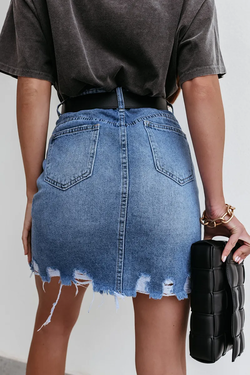 Street Solid Tassel Ripped Pocket Regular Denim Skirts