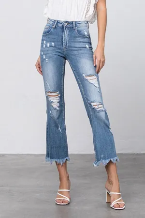 Stretch Mid Rise Crop Flare Blue Jeans