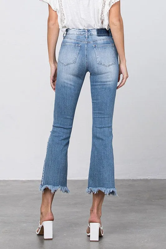 Stretch Mid Rise Crop Flare Blue Jeans