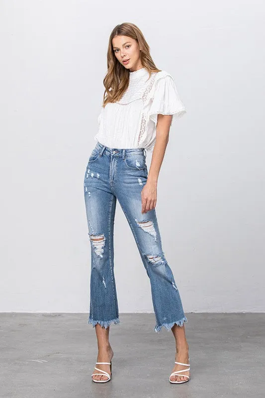 Stretch Mid Rise Crop Flare Blue Jeans