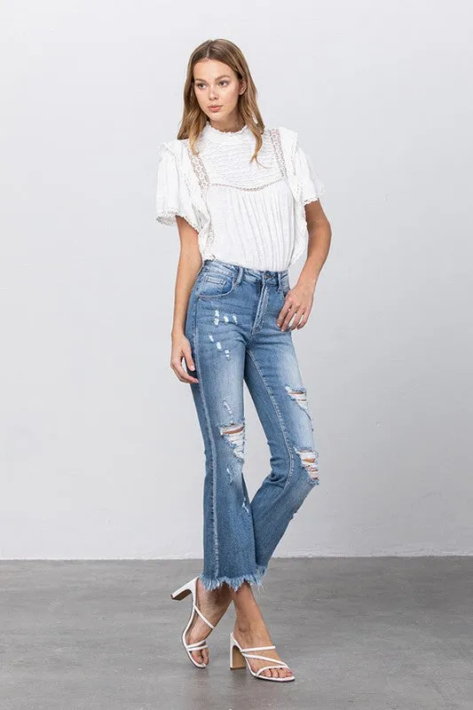 Stretch Mid Rise Crop Flare Blue Jeans