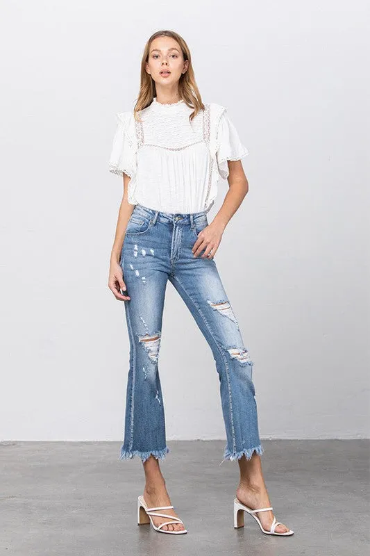 Stretch Mid Rise Crop Flare Blue Jeans
