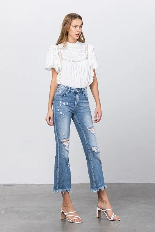 Stretch Mid Rise Crop Flare Blue Jeans