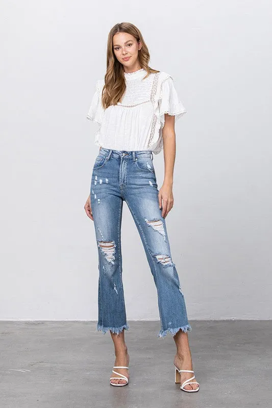 Stretch Mid Rise Crop Flare Blue Jeans